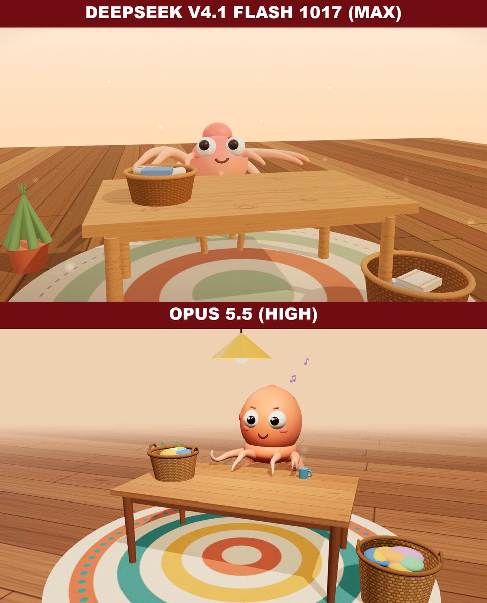 章鱼叠衣服 3D 动画：DeepSeek V4.1 Flash 对比 Opus 5.5