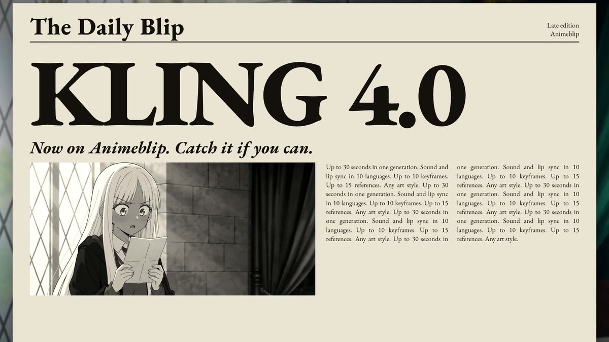 Kling 4.0 上线 AnimeBlip：单提示词 30 秒、Omni Reference 合一