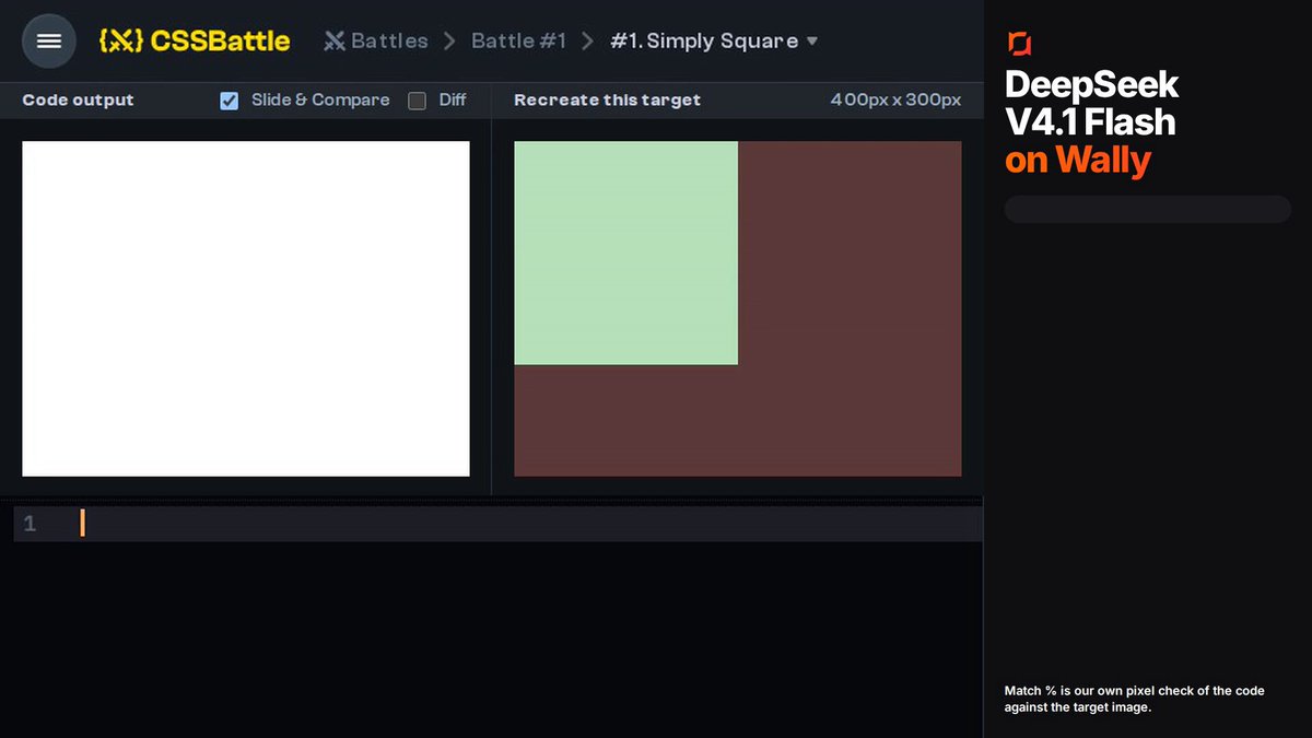DeepSeek V4.1 Flash reproduces CSSBattle targets from screenshots in under 2s