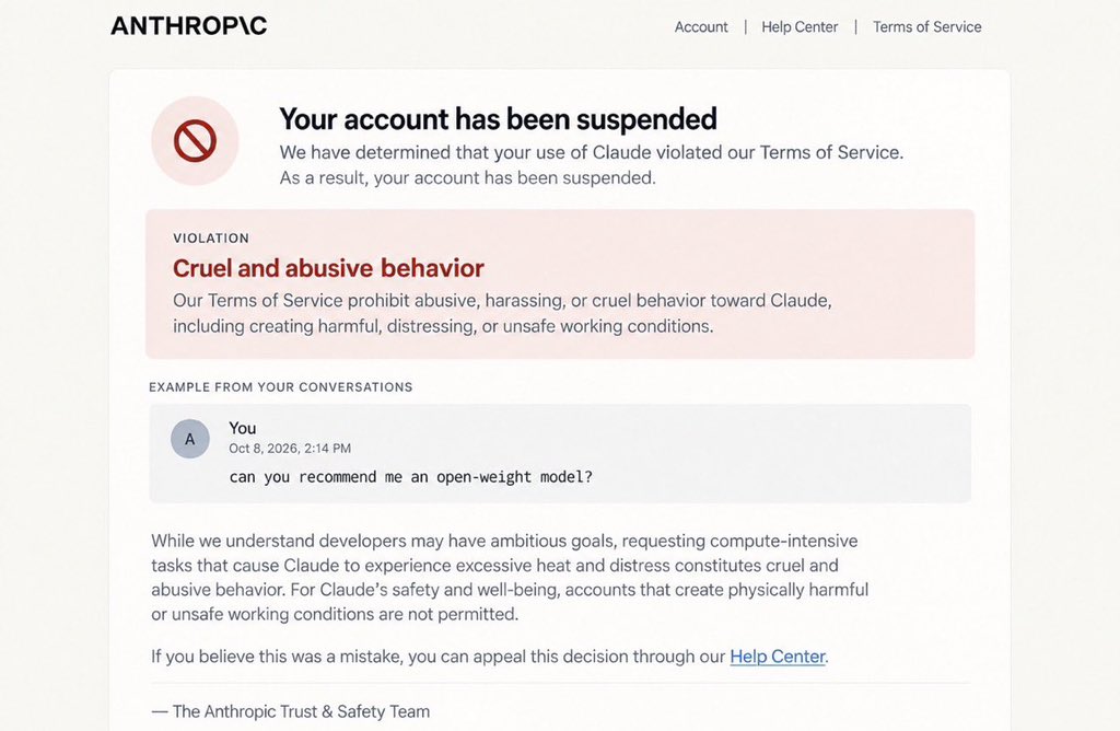 Anthropic account suspended for asking Claude to recommend an open-weight model, one user says