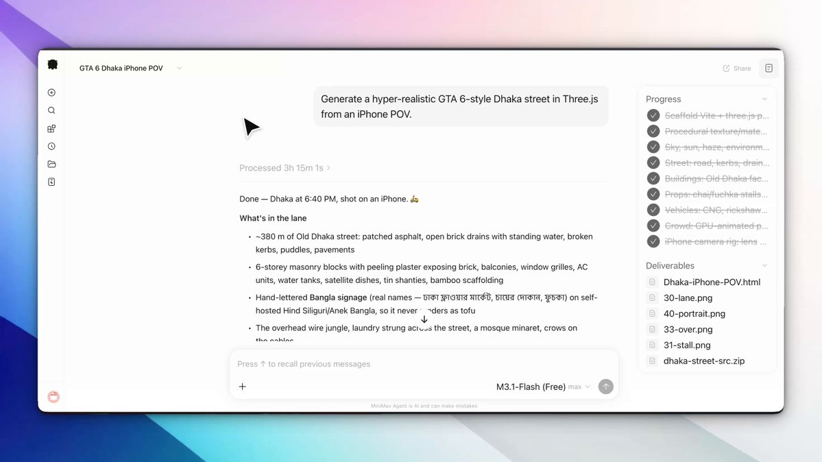 MiniMax M3.1 Flash builds a one-minute Dhaka vlog in Three.js from one prompt