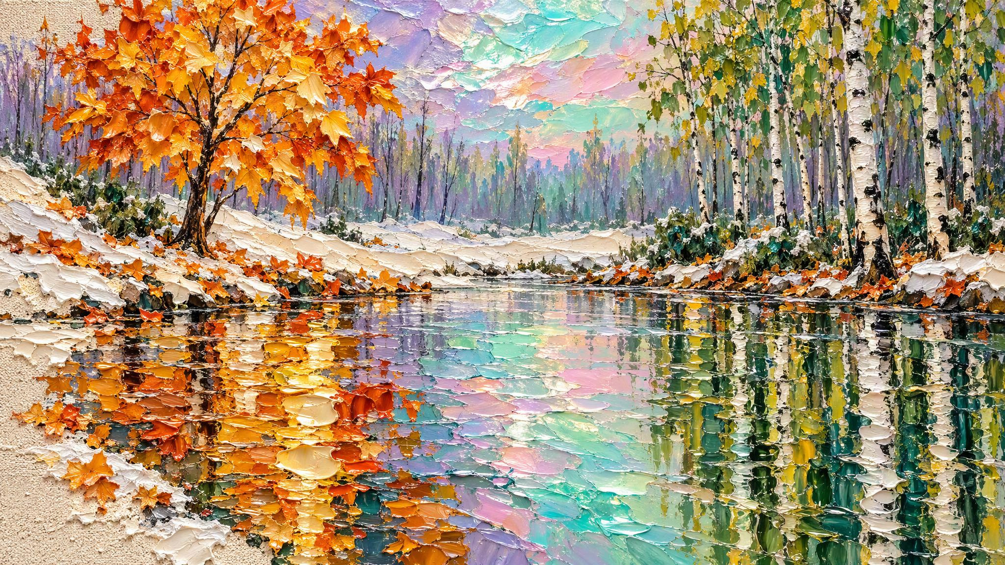 GPT Image 2.5 Sunburst prompt for a thick impasto autumn lake painting