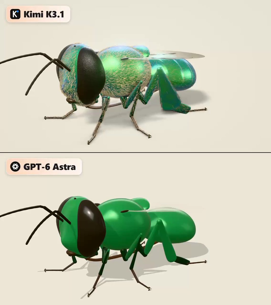 3D 蜜蜂生成对比：Kimi K3.1 花 $0.44，GPT-6 Astra 花 $5.65
