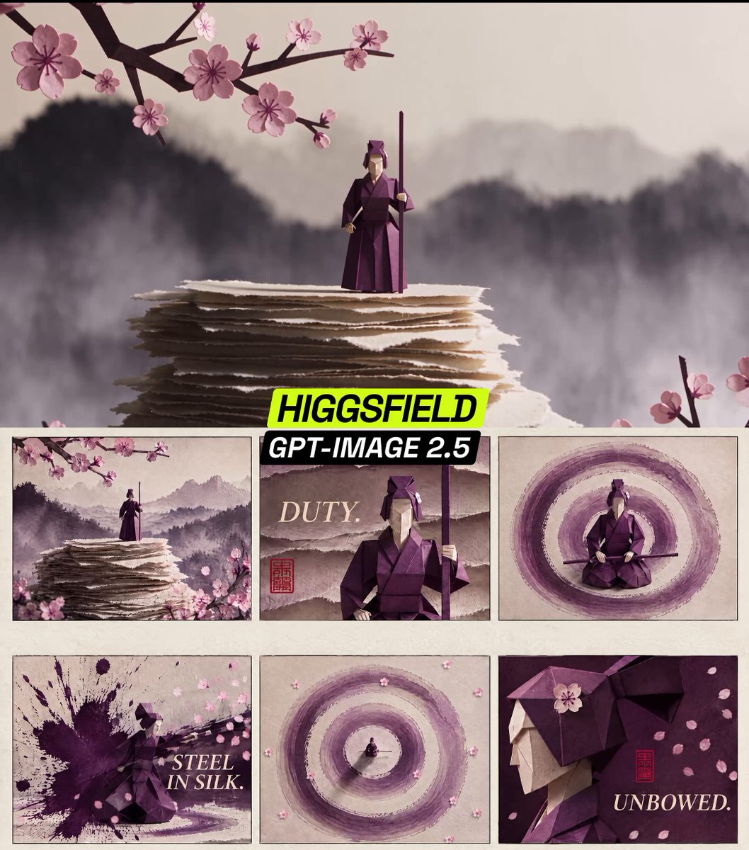 Higgsfield 用 GPT Image 2.5 生成六镜头折纸武士短片