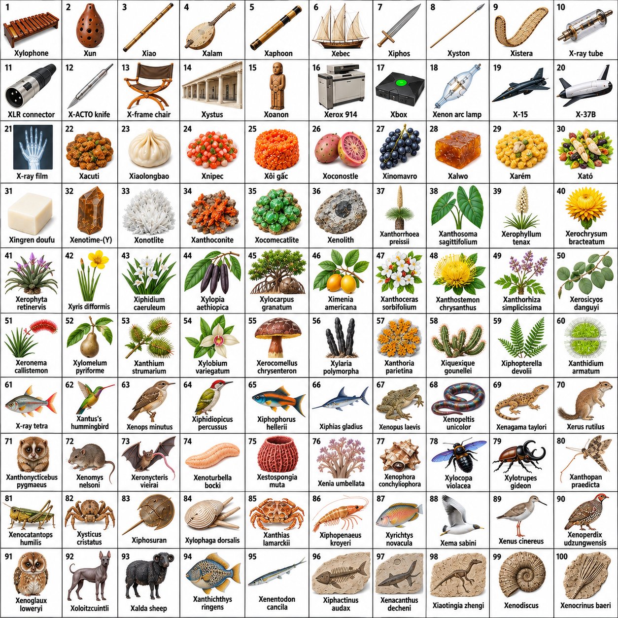 ChatGPT Images 2.5 draws 100 distinct objects starting with X