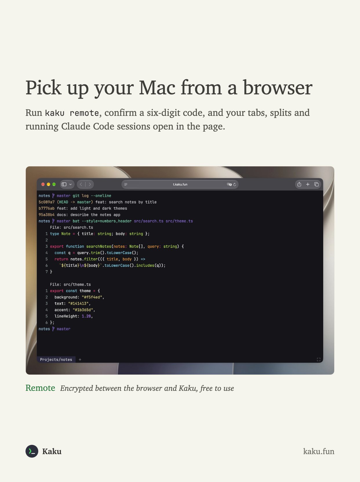 Kaku October releases: remote terminal access in browser with touch support (image 2 of 4)