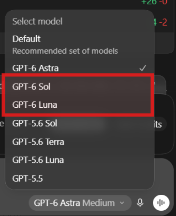 截图:Codex 模型选择器出现 GPT-6 Sol 与 Luna