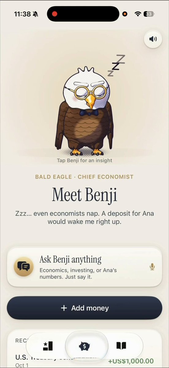 Benji, an animated eagle mascot for a finance app built with Opus 5.5