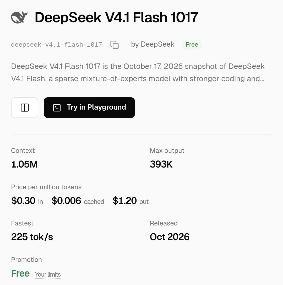 第三方平台免费提供 V4.1 Flash 1017:1.05M 上下文、393K 输出