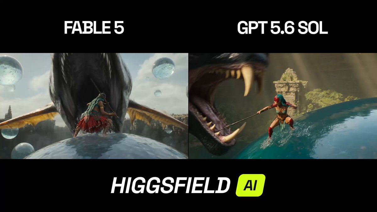 Higgsfield 用动作场景对比 GPT 5.6 Sol 与 Fable 5