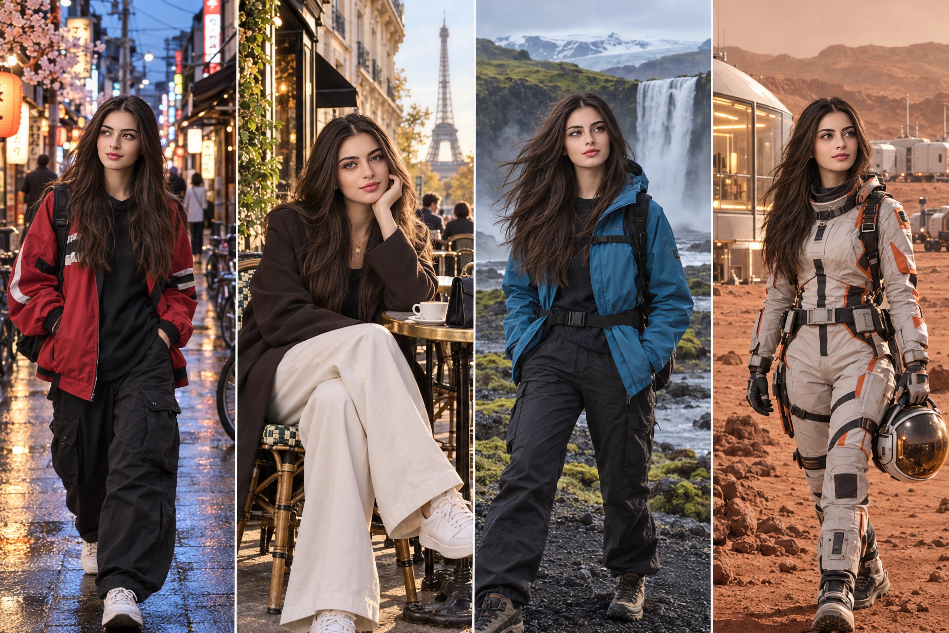 GPT Image 2.5 keeps one character consistent across Tokyo, Paris, Iceland and Mars