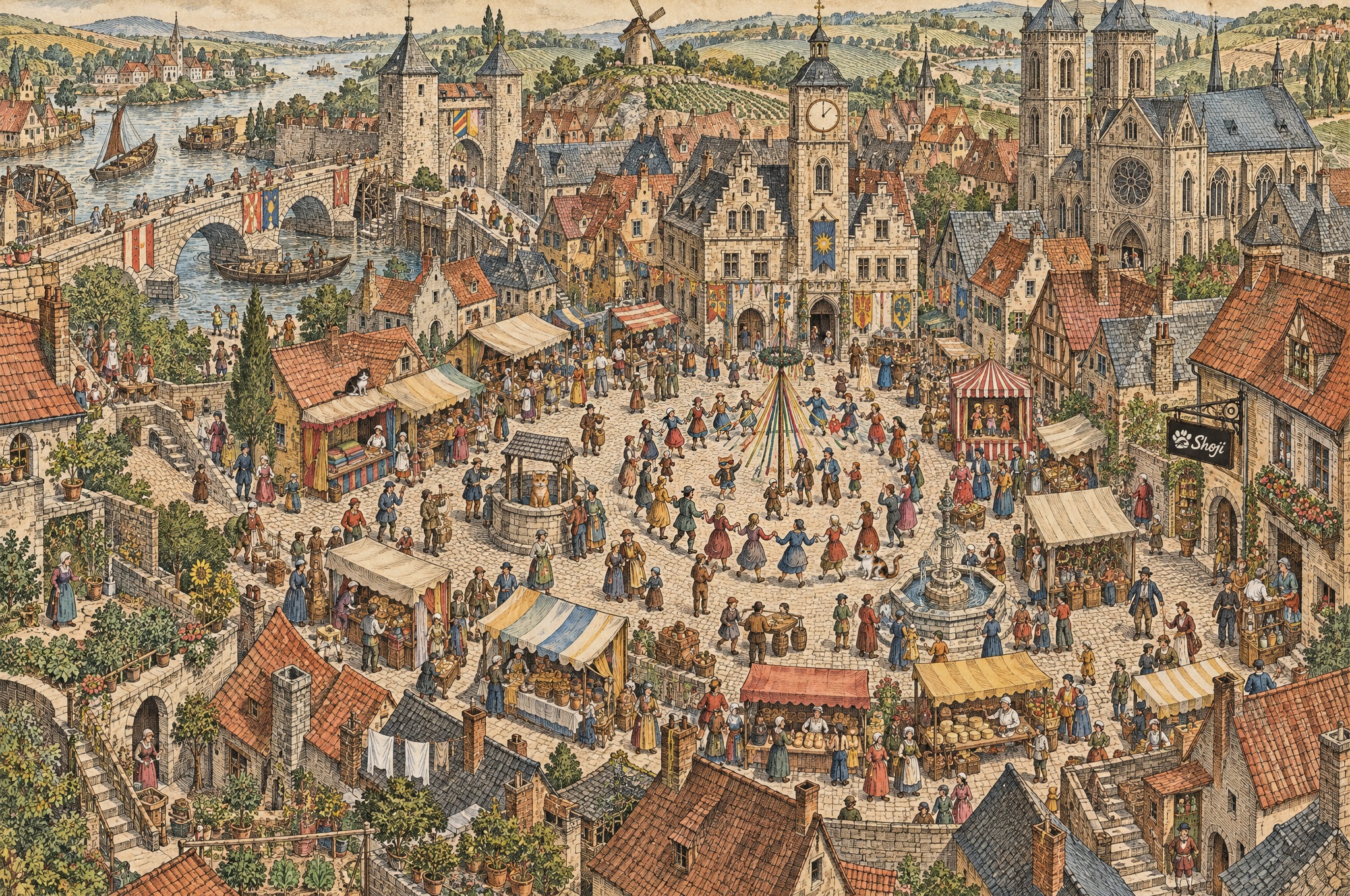 GPT Image 2.5 renders a 16th-century hand-colored town with hidden cats