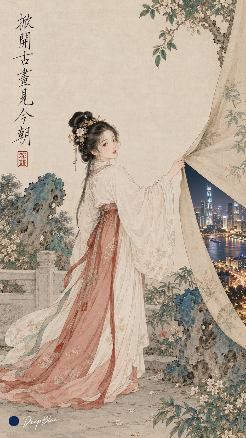 Song-dynasty hanfu gongbi prompt: contrast events plus brush calligraphy