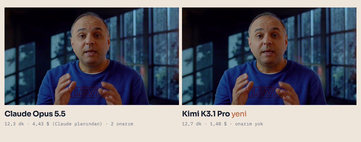 Kilnframe 里 Opus 5.5 与 Kimi K3.1 Pro 代码做 3D 动画对比