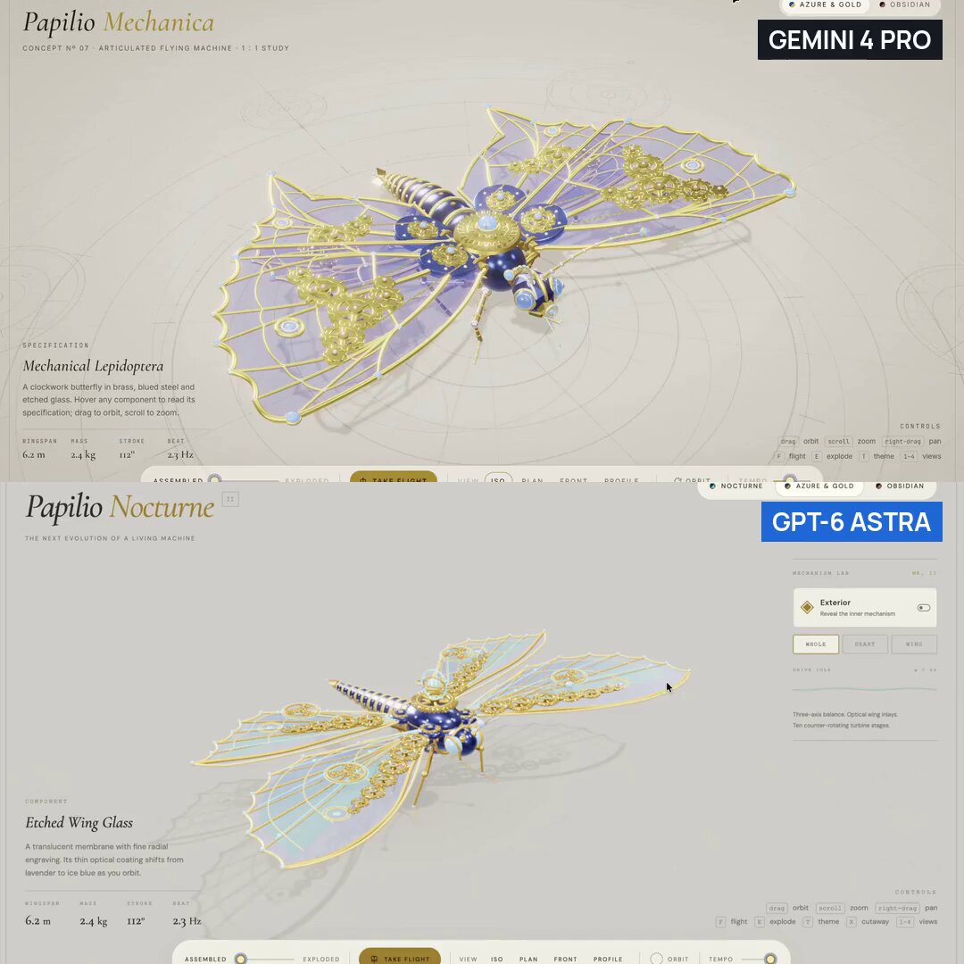 同一提示词生成 Three.js 机械蝴蝶：Gemini 4 Pro vs GPT-6 Astra