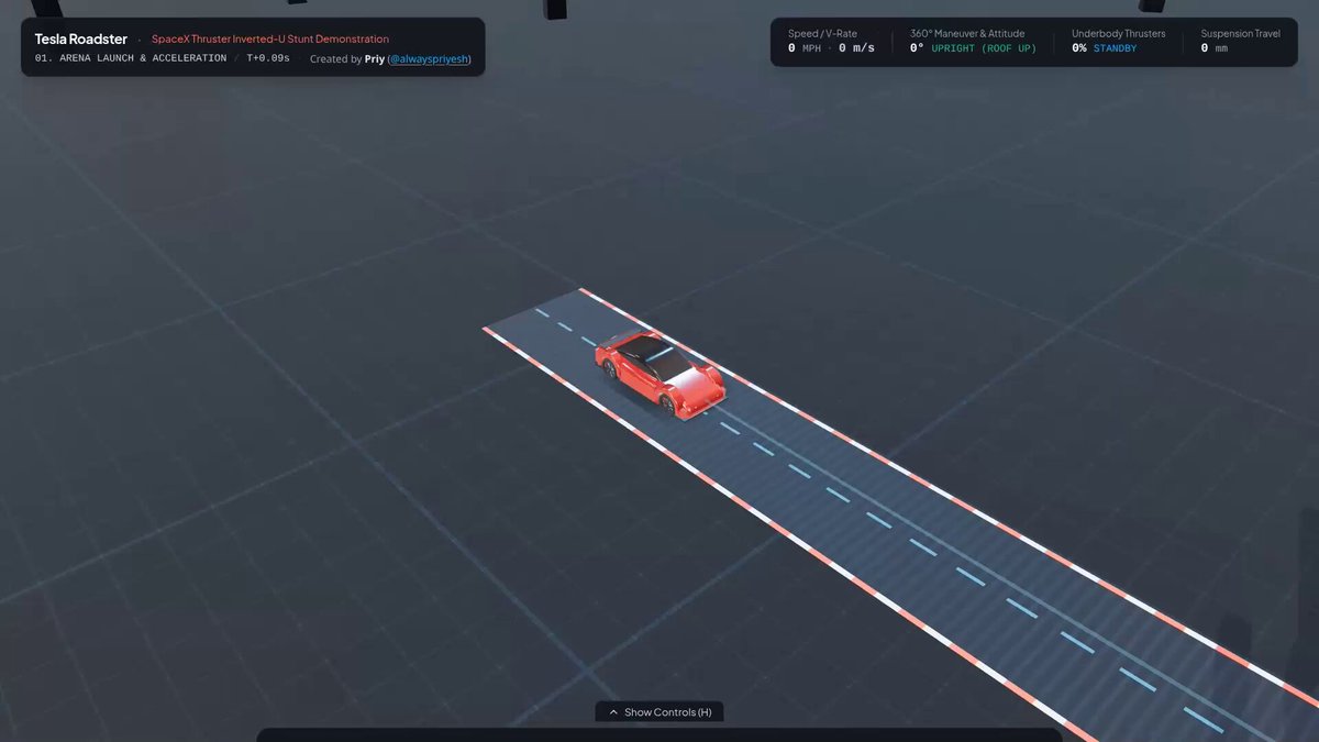 Gemini 4 Argon 单文件 HTML 复刻特斯拉 Roadster 特技