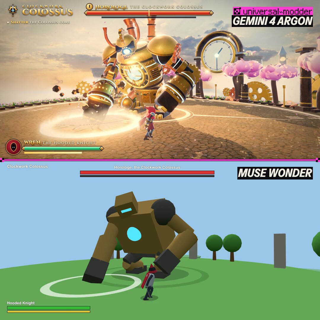 Gemini 4 Argon 与 Muse Wonder 同题 3D Boss 战对比
