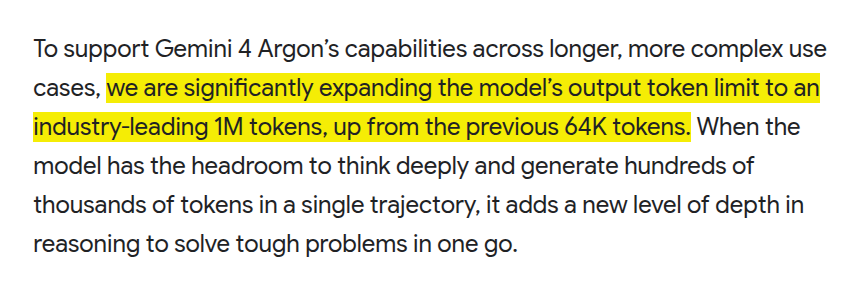 Gemini 4 Argon can write up to 1M tokens in a single response