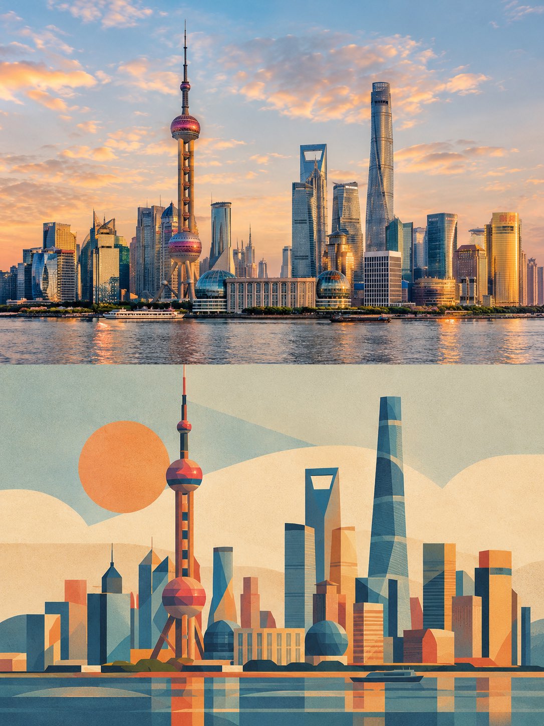 GPT Image 2.5 地标海报提示词:上半实拍下半几何(第 2 张,共 3 张)