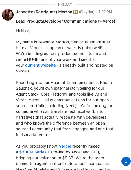 Vercel 招聘私信：因 Jev demo 走红被找到