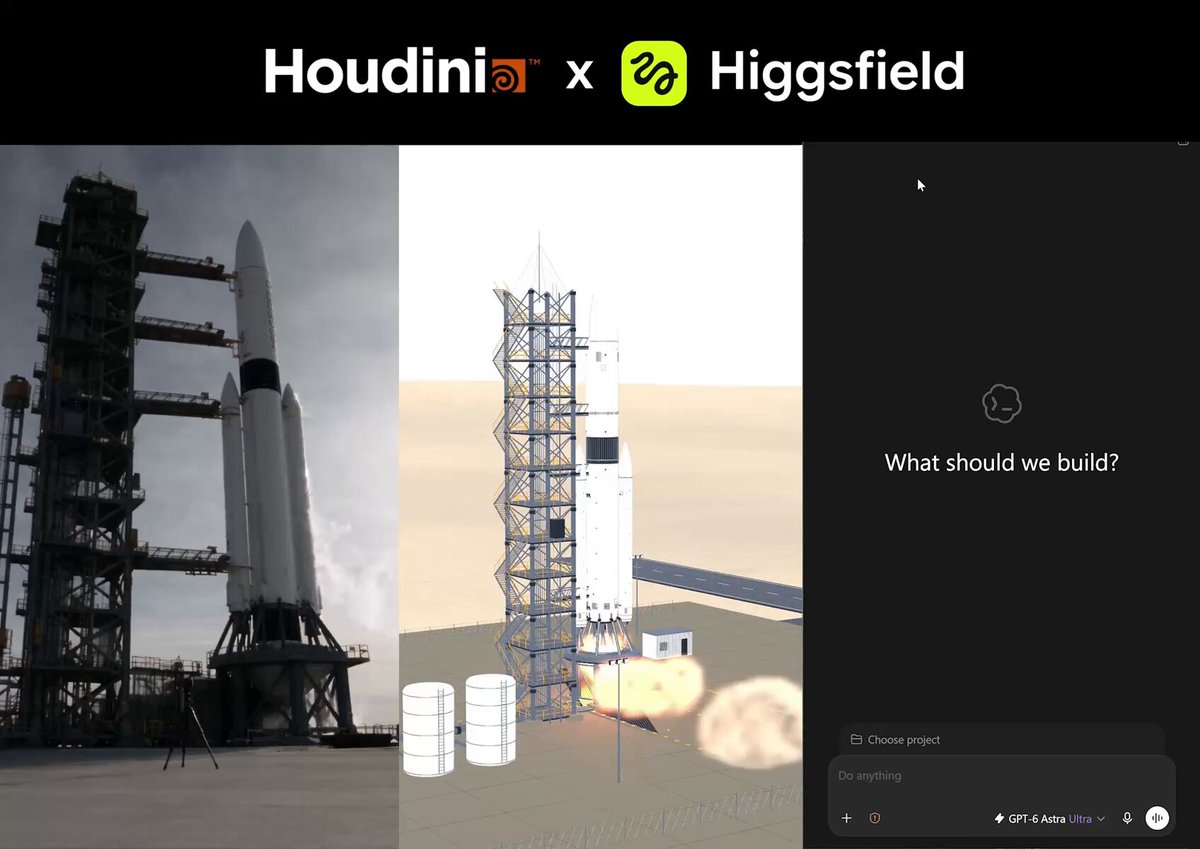GPT-6 Astra 与 Higgsfield 在 Houdini 模拟火箭发射