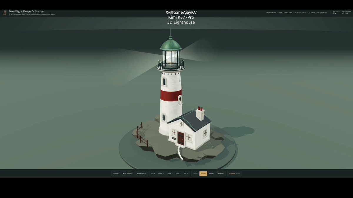 Kimi K3.1 Pro 用 Three.js 建灯塔场景，3D 仍略逊 V4.1 Flash