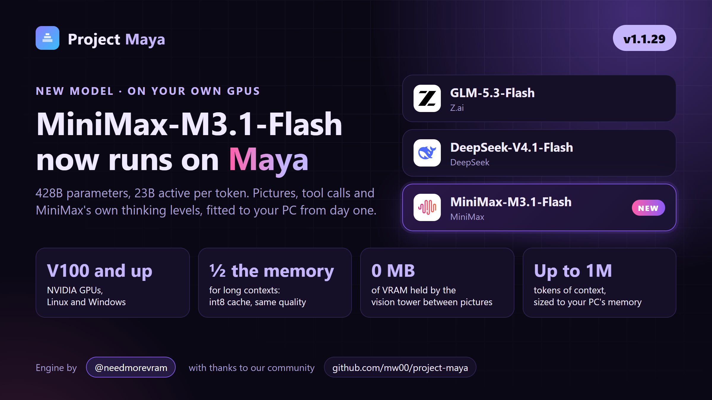 Maya v1.1.29 本地运行 M3.1 Flash：428B 总参、23B 激活