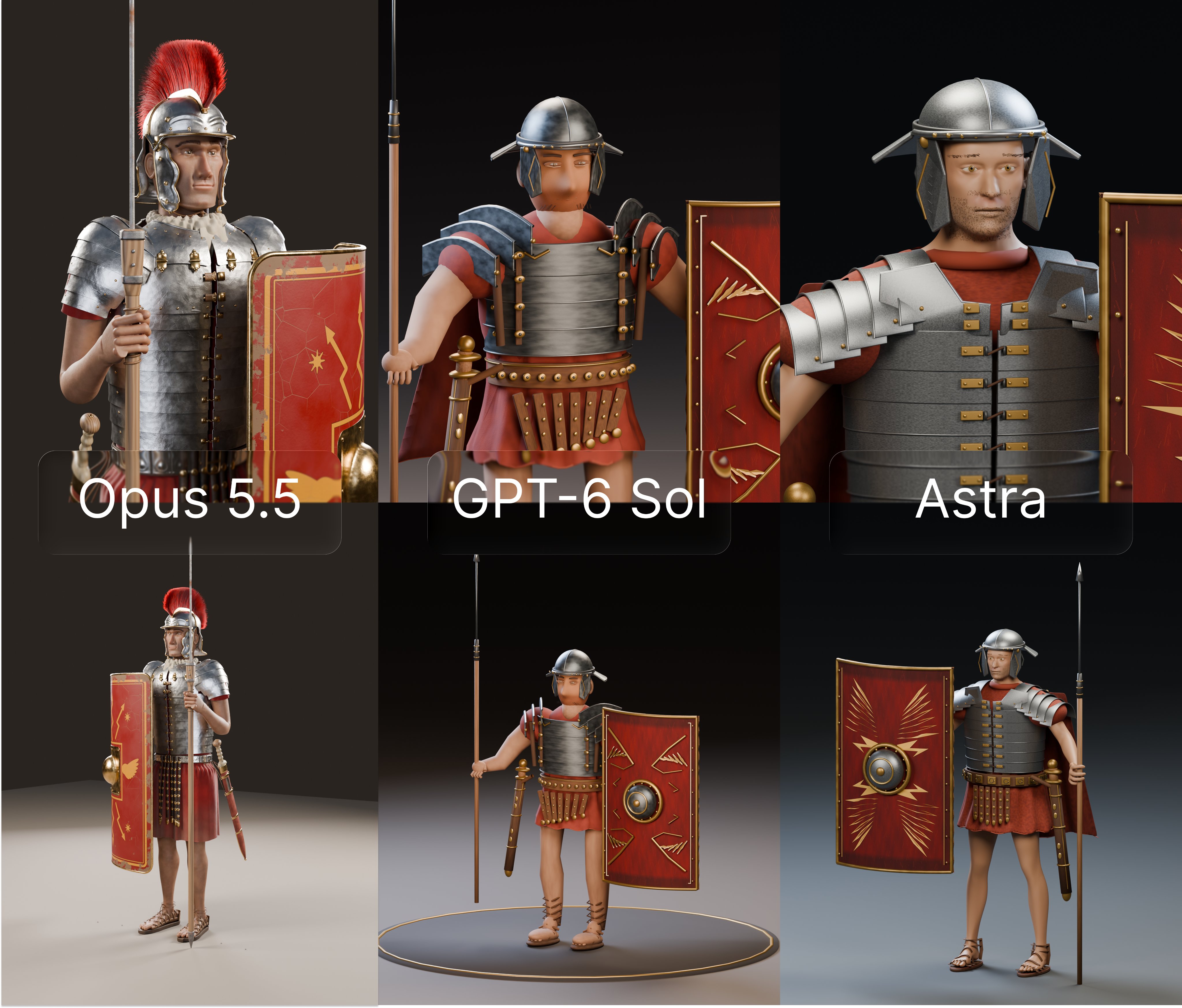 Blender 罗马军团 3D 建模对比:Opus 5.5 胜出