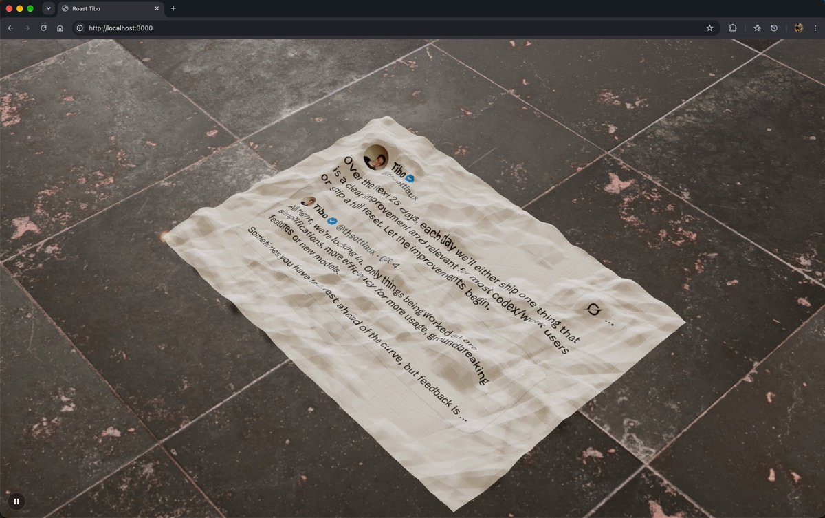 Opus 5.5 roasts a user in a three.js animation