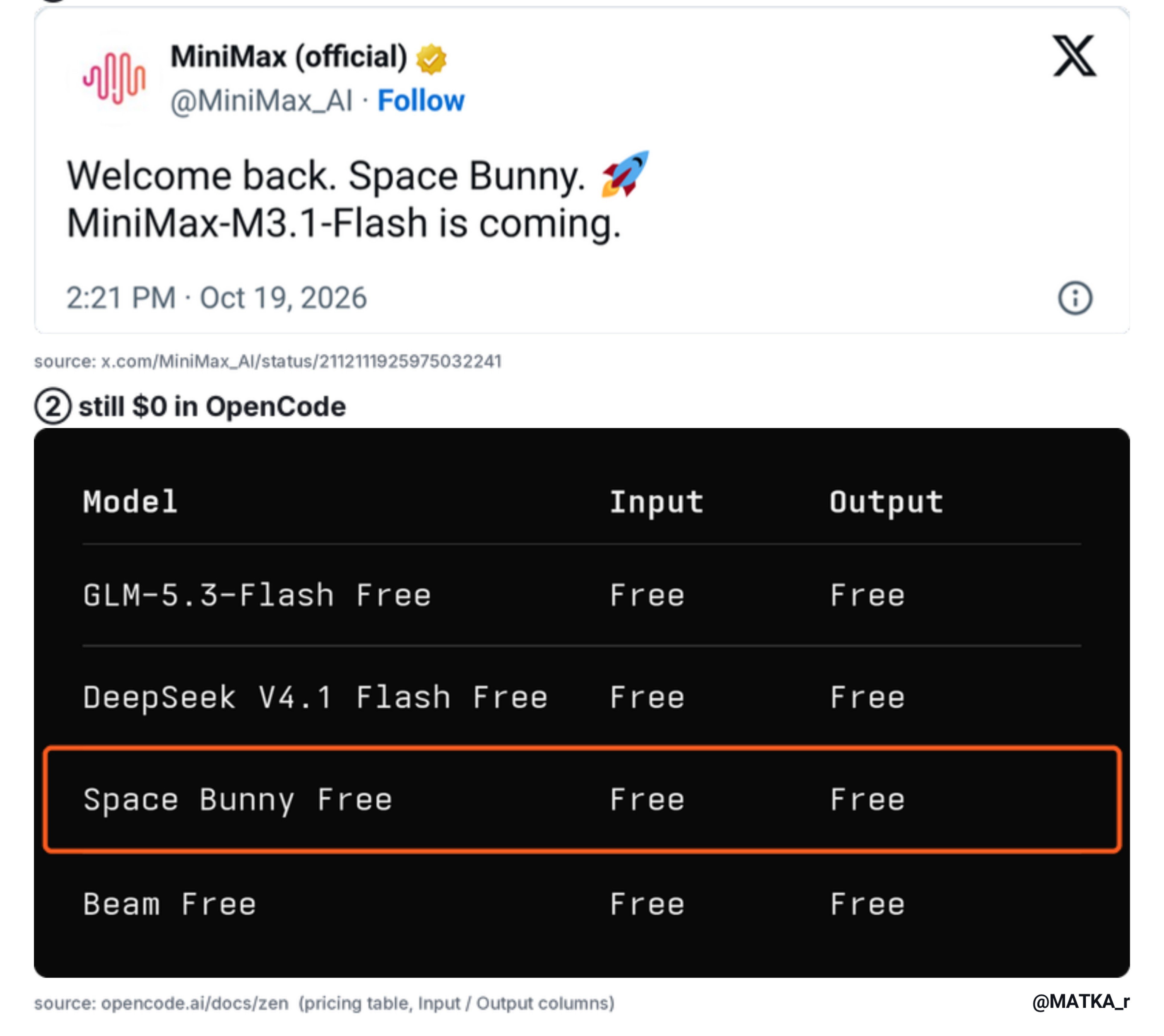 OpenCode 里的免费 Space Bunny 就是 M3.1 Flash